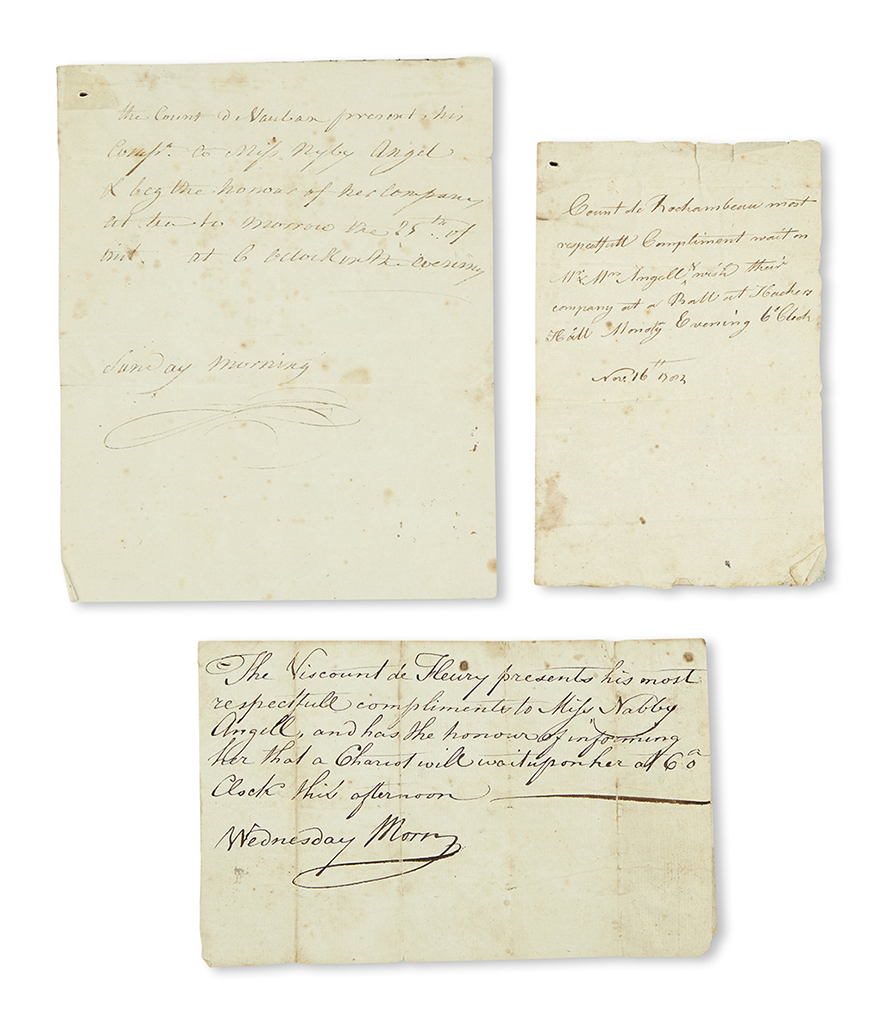 (AMERICAN REVOLUTION--1782.) Group of invitations to members of the Angell family from French officers including Rochambeau.